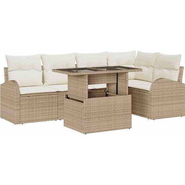 Vidaxl Set Di Divani Da Giardino Con Cuscini E Portaoggetti 6 Pezzi Beige Poly Rattan-image