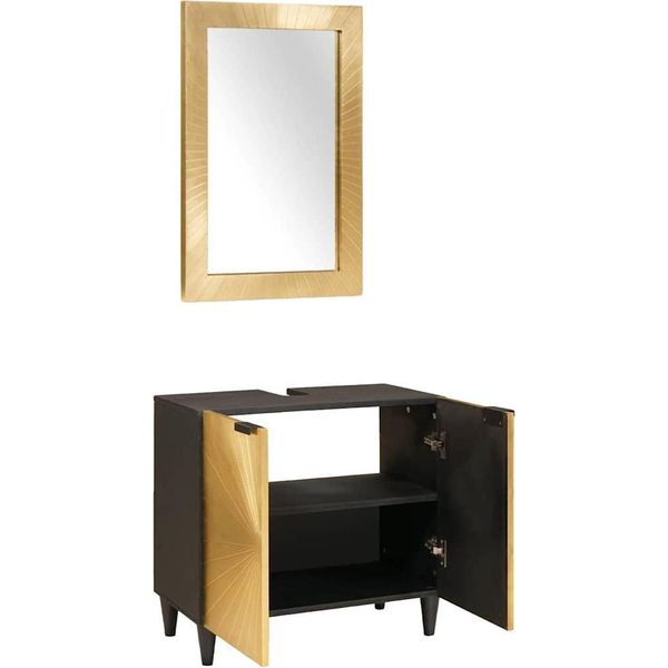 Vidaxl Set Di Armadietti Da Bagno 2 Pezzi Nero E Oro In Legno Massiccio Di Mango-image