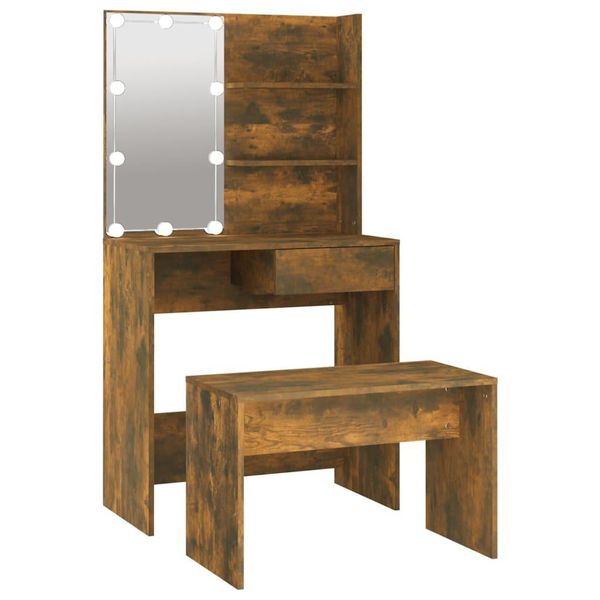 Syfax™ Set Tavolo Da Toeletta Con Led Rovere Fumo In Legno Multistrato-image