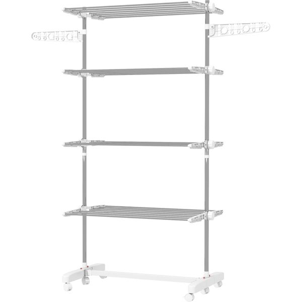 Stendibiancheria Mobile Fortuna Lai, 142 X 55 X 172 Cm, Pieghevole (4 Livelli), Con Rotelle, Funzione Di Chiusura, Ali Laterali, Abs, Bianco-image