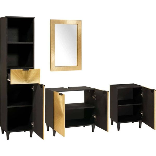 Vidaxl Set Di Armadietti Da Bagno 4 Pezzi In Legno Massiccio Nero E Oro Mango-image