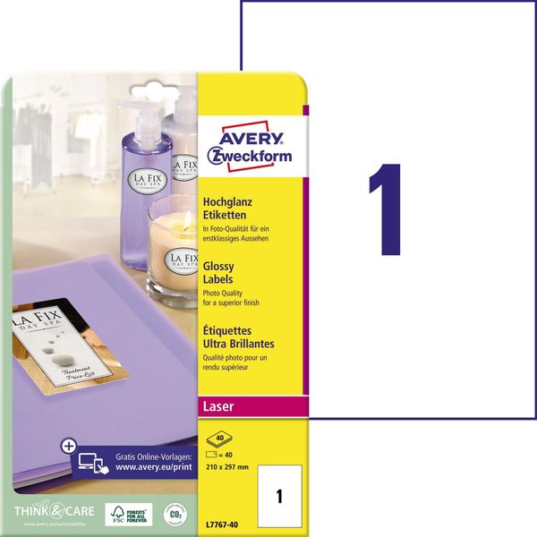 Avery Zweckform L7767-40 Etichette Lucide, A4, 210 X 297 Mm, 40 Fogli/40 Etichette, Bianco-image