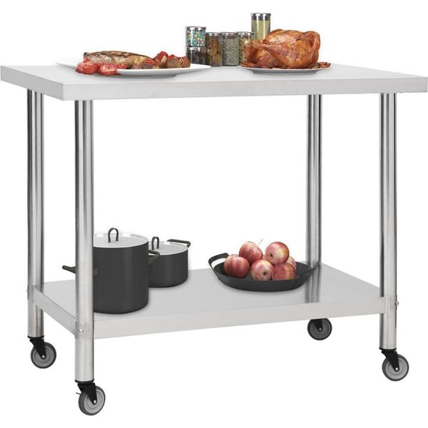 Vidaxl Piano Di Lavoro Per Cucina Con Rotelle 100X60X85 Cm In Acciaio Inox-image