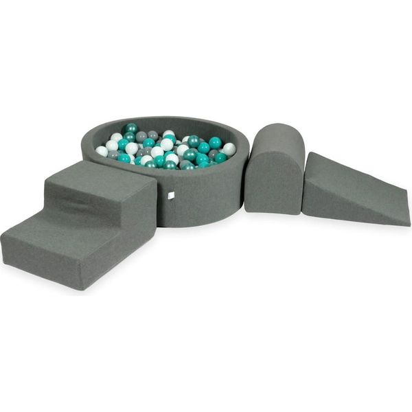Parco Giochi In Schiuma Con Vasca Rotonda 90X30 Grigio + 200 Palline: Turchese Metallizzato, Turchese, Grigio, Bianco-image