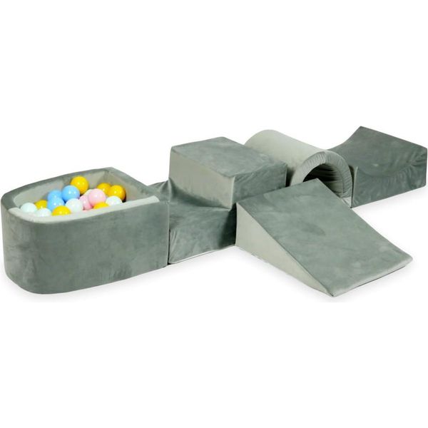 Parco Giochi In Schiuma Con Ponte E Piscina Micro Velvet Grigio + 100 Palline: Menta Chiaro, Rosa Chiaro, Azzurro, Madreperla, Giallo-image