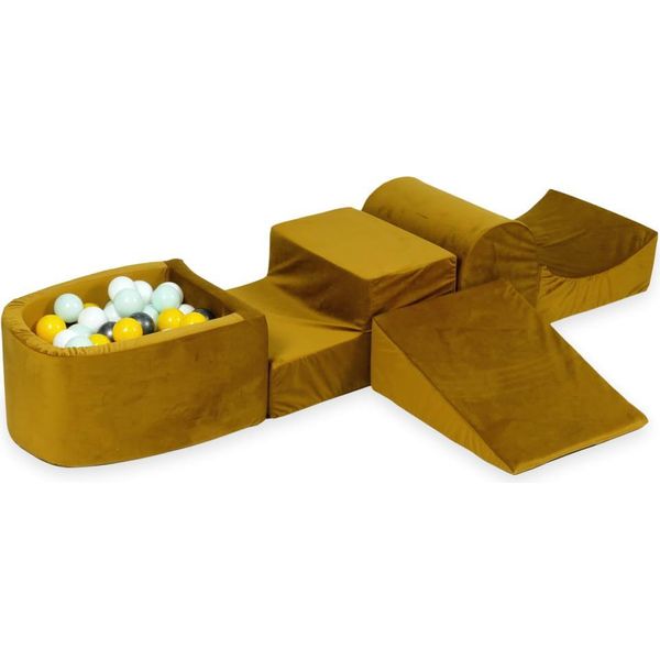 Parco Giochi In Schiuma Con Collina E Piscina, Micro Velvet Gold + 100 Palline: Giallo, Menta Chiaro, Grafite Metallizzata, Bianco-image