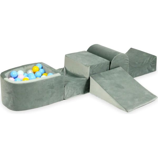 Parco Giochi In Schiuma Con Collina E Piscina Micro Velvet Grigio + 100 Palline: Menta Chiaro, Rosa Chiaro, Azzurro, Madreperla, Giallo-image