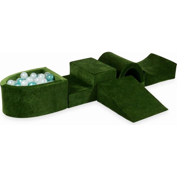 Parco Giochi In Schiuma Con Ponte E Piscina Micro Velvet Soft Olive + 100 Palline: Trasparente, Madreperla, Turchese Metallizzato-image