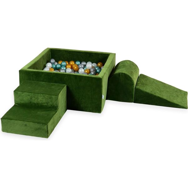 Parco Giochi In Schiuma Con Vasca Quadrata 90X90X40 Velvet Soft Olive + 400 Palline: Madreperla, Argento, Oro, Turchese Metallizzato-image