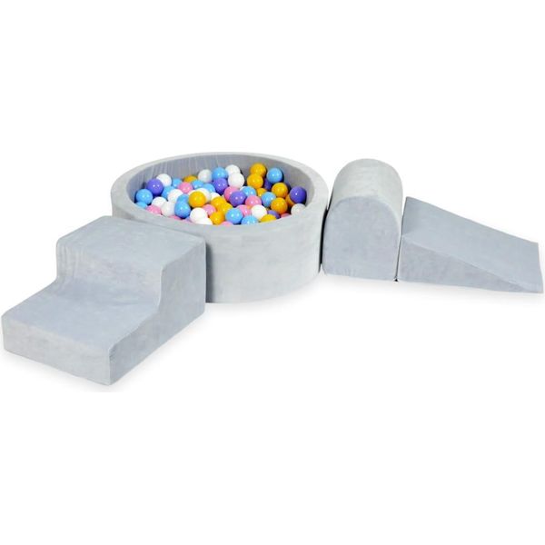 Parco Giochi In Schiuma Con Piscina Rotonda 90X30 Velvet Soft Grigio Chiaro + 200 Palline: Azzurro, Giallo, Erica, Rosa Cipria, Bianco-image