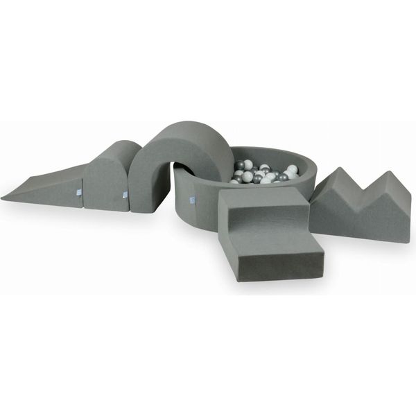 Parco Giochi In Schiuma Con Vasca Rotonda 90X30 Grigio + 5 Elementi + 200 Palline: Bianco, Argento-image