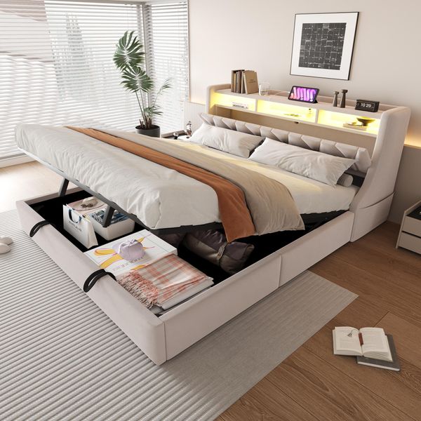 Letto Imbottito Idraulico Flieks 180X200Cm Con Funzione Di Carico, Letto Giovanile Letto Matrimoniale Con Led, Letto Contenitore Letto In Legno Con Testata Contenitore, Velluto, Beige-image