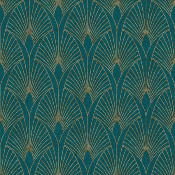Carta Da Parati In Lana Ornamentale Profhome 374275-GU Leggermente Goffrata Lucida Blu Oro Verde 5,33 M2-image