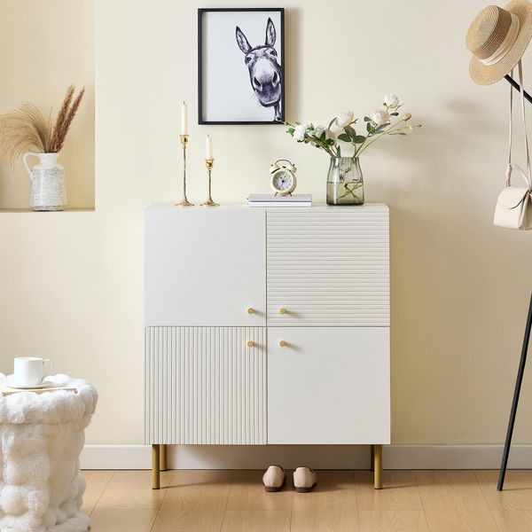 Credenza Moderna Sweiko In Mdf Con Maniglie In Lega Di Zinco E Gambe In Acciaio - Elegante Mobile Contenitore Per Soggiorno, Camera Da Letto E Corridoio-image