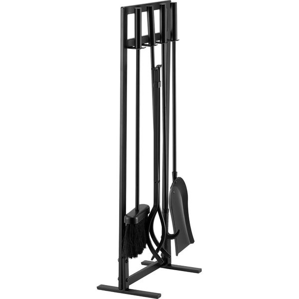 Succebuy Set Di Posate Per Caminetto Da 5 Pezzi Con Supporto, Composto Da Pinze, Pala, Spazzola E Attizzatoio, In Robusto Ferro Battuto E Acciaio, Adatto Per Uso Interno Ed Esterno, Nero-image