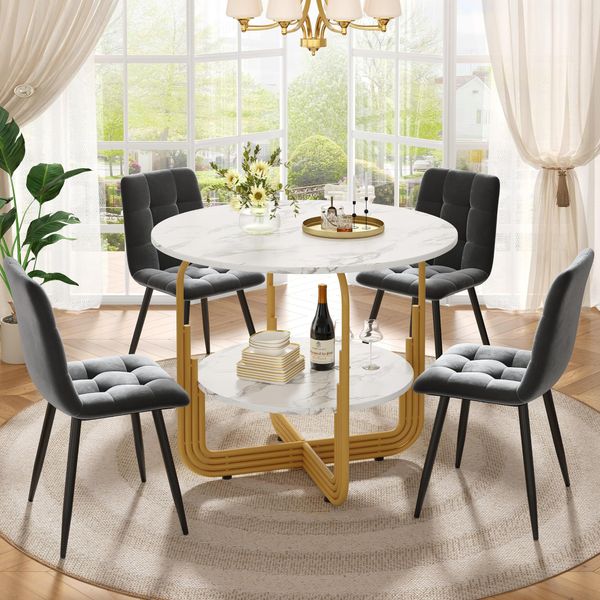 Set Tavolo Da Pranzo Sweiko (5 Pezzi), Set Tavolo Da Pranzo Con 4 Sedie, Set Tavolo Da Pranzo Per Cucina Moderna, Tavolo Da Cucina Rotondo Con Diametro Di 80 Cm E Gambe In Metallo Dorato, Piano Del Tavolo In Marmo Mdf, Sedie Da Pranzo In Grigio-image