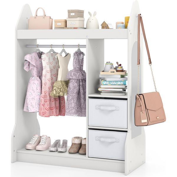 Armadio Per Bambini Costway 81X38X107 Cm Con Specchio, Armadio Per Bambini Con Appendiabiti, 2 Cassetti In Tessuto E Ganci, Armadio Per Bambini In Legno, Bianco-image