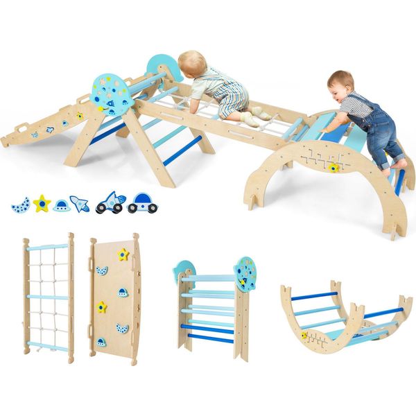 Costway: Set Di 4 Strutture Da Arrampicata Per Interni, Triangolo Pieghevole Con Scivolo, Arco Di Arrampicata, Rete, Rampa Bifacciale, Set Di Mattoncini E 2 Macchinine Per Bambini Di Età Superiore Ai 3 Anni-image