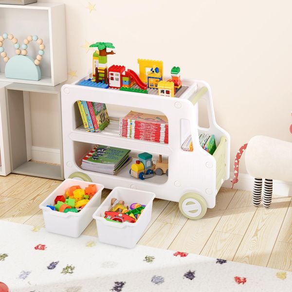 Costway 73X42X56 Cm Scaffale Per Bambini, Scaffale Per Giocattoli A Forma Di Auto Con 2 Ripiani E 2 Scatole Portaoggetti, Scaffale Per Camera Dei Bambini Scaffale Per Bambini-image