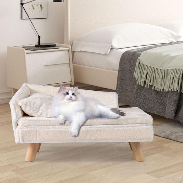 Costway Divano Per Gatti Letto Rialzato Per Gatti, Divano Per Gatti Con 2 Cuscini Rimovibili, Schienale E Gambe In Legno, Poltrona Per Gatti Divano Per Animali Domestici Morbido, Bianco-image