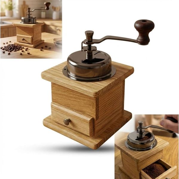 Macinino Manuale Classico In Legno Di Quercia Per Pepe E Caffè Retro Con Cassetto E Regolazione-image