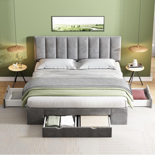 Letto Imbottito Merax 160X200Cm Con 4 Cassetti E Rete A Doghe, Letto Matrimoniale In Velluto Con Testiera Imbottita, Letto Contenitore, Letto Funzionale, Grigio-image