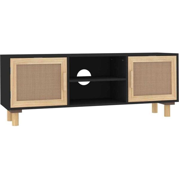 Mobile Tv Nero 105X30X40 Cm In Legno Massiccio Di Pino Naturale Rattan-image