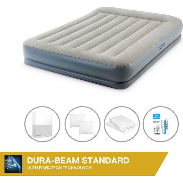 Letto Ad Aria Intex - 2 Persone - 152 X 203 X 30 Cm - Grigio - Con Pompa Incorporata, Lenzuola Bianche, Cuscino, Federe Molton 2 In 1 E Set Di Riparazione-image
