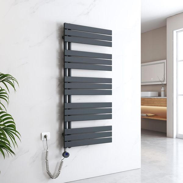 Emke Asciugamano Elettrico Asimmetrico, Radiatore Elettrico Per Bagno, Con Termostato E Timer, 1320 X 600 Mm, Antracite, Elemento Riscaldante Da 800W-image