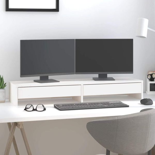 The Living Store Supporto Per Monitor Bianco 100X27X15 Cm In Legno Di Pino Massiccio-image
