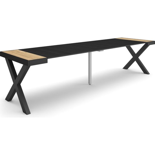 Consolle Allungabile, 302X90X73Cm, Per 14 Persone, Gambe In Legno, Rovere E Nero-image