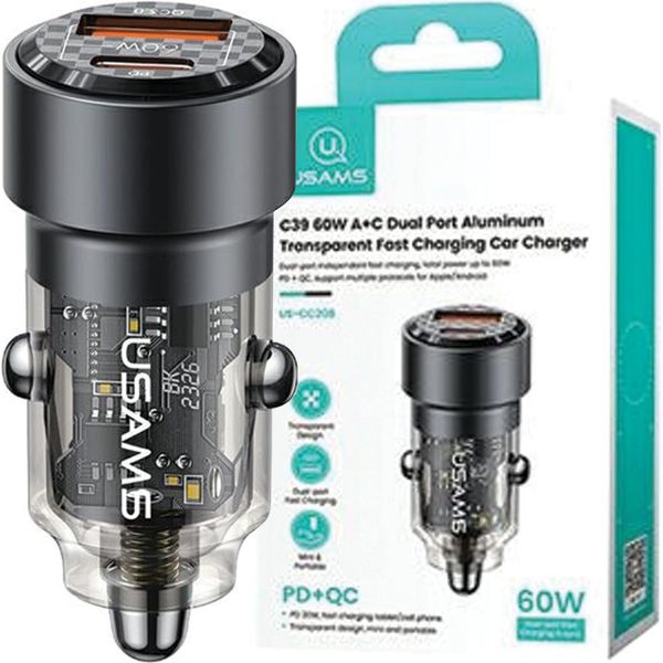 Usams ŁAd. Self. C39 Usb+Usb-C 60W Carica Rapida Nero/Nero Cc208Cc01 (Us-Cc208)-image