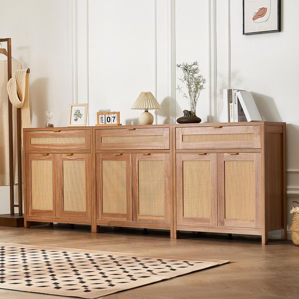 Vevor Mobile In Rattan Cassettiera In Rattan 3 Pz. Mobile Contenitore Con 6 Ante Magnetiche, Credenza Buffet Con Ripiani Regolabili-image