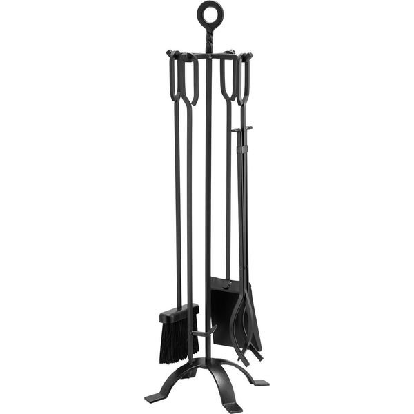 Succebuy Set Da Camino In Ferro Battuto Da 5 Pezzi, Composto Da Supporto, Pinze, Pala, Spazzola E Attizzatoio, Ideale Come Pratico Accessorio Per Il Camino O Il Falò, Nero-image