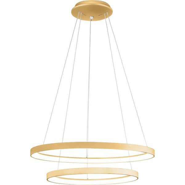 Krizia - Lampada A Sospensione Led Doppia 88W Dimmerabile - 6300Lm, Luce Calda 3000K, Anelli Oro Spazzolato, Diffusore Opale, IP20, D. 60+80 Cm-image