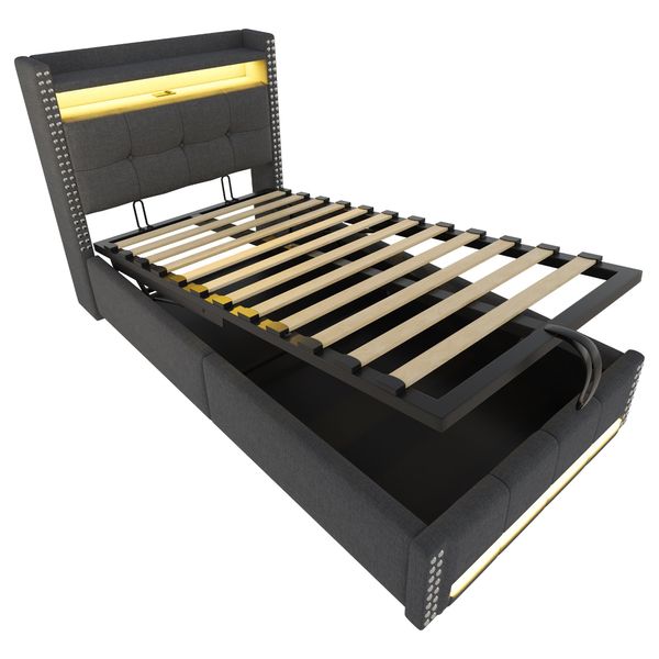Letto Imbottito Flieks 90X200Cm Con Funzione Di Ricarica (Usb E Presa Di Corrente), Letto A Molle Insacchettate Con Contenitore, Letto Per Ragazzi Letto Singolo Con Led, Biancheria, Grigio-image