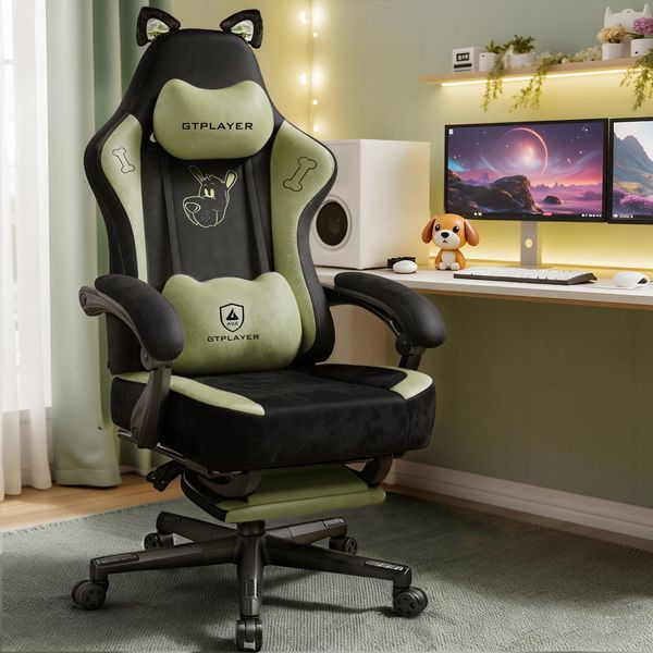 Gtplayer Simpatica Sedia Da Gioco Con Tessuto In Velluto, Sedia Da Gioco, Sedia Da Ufficio Ergonomica Sedia Da Gioco Con Orecchie Di Gatto, Memory Foam E Poggiapiedi, 150Kg-image