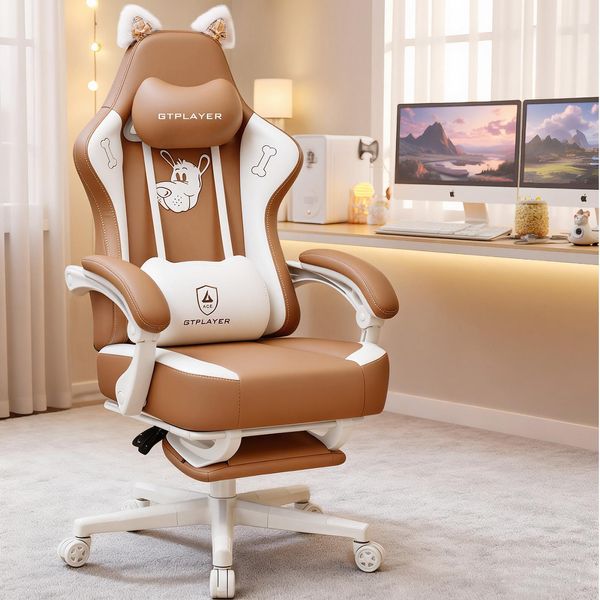 Gtplayer Sedia Da Gioco Carina, Sedia Da Gioco, Sedia Da Ufficio Ergonomica Sedia Da Gioco Con Orecchie Di Gatto, Schiuma Di Memoria E Poggiapiedi, 150 Kg In Pelle Finta-image