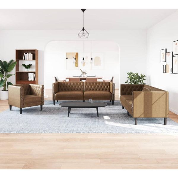 Vidaxl Set Di Divani Chesterfield A 3 Pezzi In Ecopelle Marrone Effetto Scamosciato-image