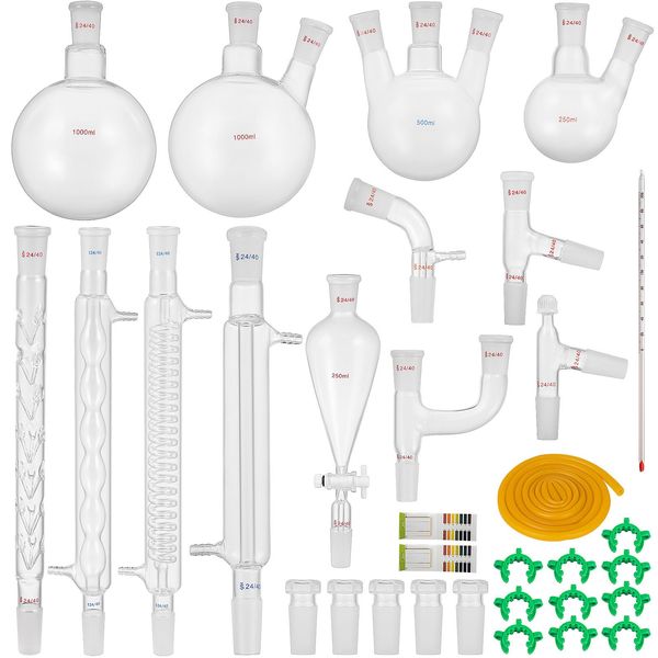 Vevor Set Di Vetreria Da Laboratorio Da 32 Pezzi Con 24/40 Giunti, Set Di Vetreria Da Laboratorio Per Chimica Organica, Condensatore Da Laboratorio, Importante Attrezzatura Da Laboratorio-image