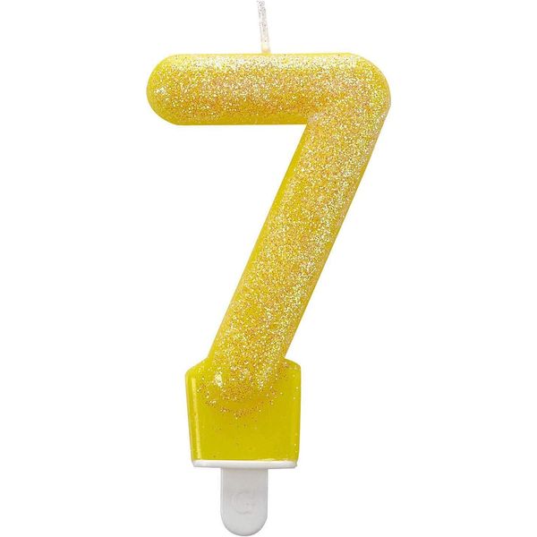 Amscan 9900768 - Candela Numero 7, Altezza 7,6 Cm, Zero, Giallo, Glitter, Candela Torta, Candela, Compleanno, Torta, Decorazione-image
