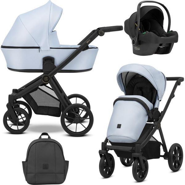 Carrozzina Kunert Brav 3In1 In Ecopelle Blu Con Telaio Nero, Ruote In Gel E Seggiolino Auto Cosmo-image