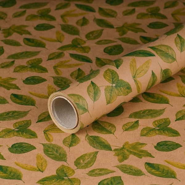 Carta Da Regalo Foglie Verdi, Marrone, 0,70 X 10 M, Carta Kraft - Compleanno-image