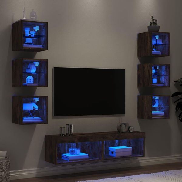 Maison Exclusive - Mobili Tv A Muro Con Led 8Pz Rovere Fumo In Legno Multistrato-image