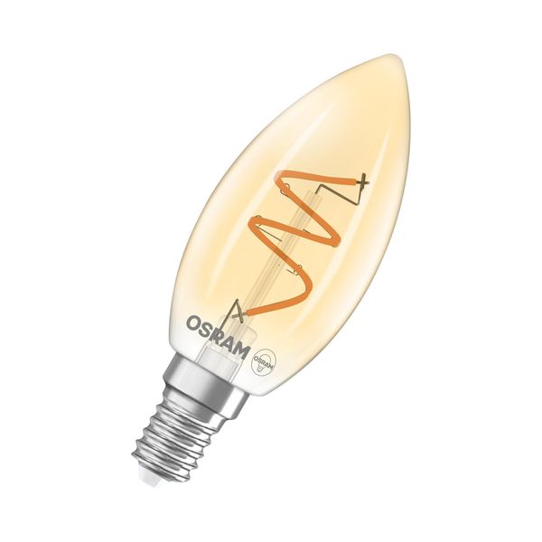 Osram Vintage 1906 Classic è Una Lampada Led Dimmerabile Di Colore Bianco Caldo A Forma Di Mini-Candela Con Filamento A Spirale. Offre 3,5 W, 300 Lm, Attacco E14, Vetro Color Oro, Diametro 35 Mm, 2200 K.-image