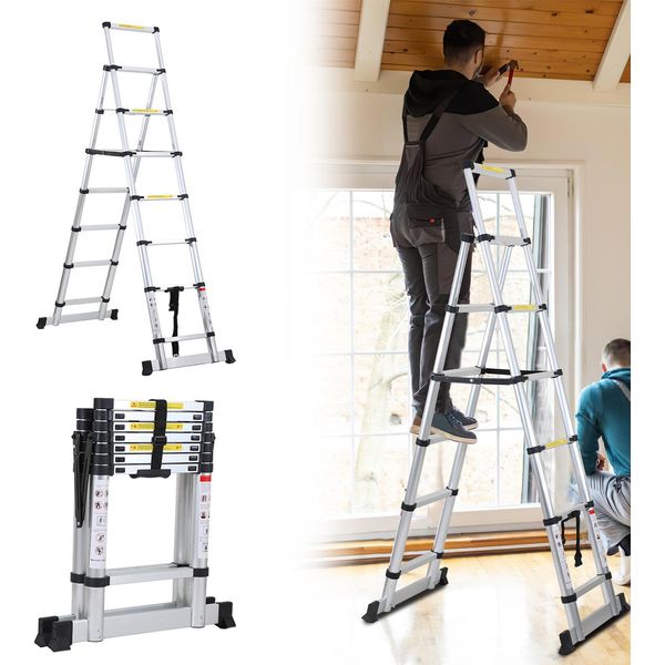 Jayseuw Scala Telescopica Professionale 2.3M In Alluminio Argento Portata 150 Kg Scala Multiuso Piedini In Gomma Antiscivolo-image