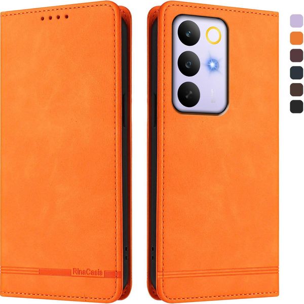 Custodia Per Realme C85 Pro, Custodia Retro In Finto Cuoio Flip Con Supporto E Slot Per Carte Arancione-image