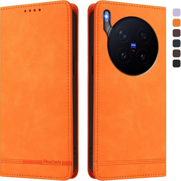 Custodia Per Vivo X300 Pro, Custodia Retro In Finto Cuoio Flip Con Supporto E Slot Per Schede Arancione-image