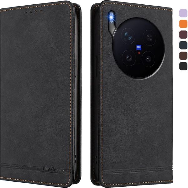 Custodia Per Vivo X300 Pro, Custodia Retro In Finto Cuoio Flip Con Supporto E Slot Per Schede Nero-image