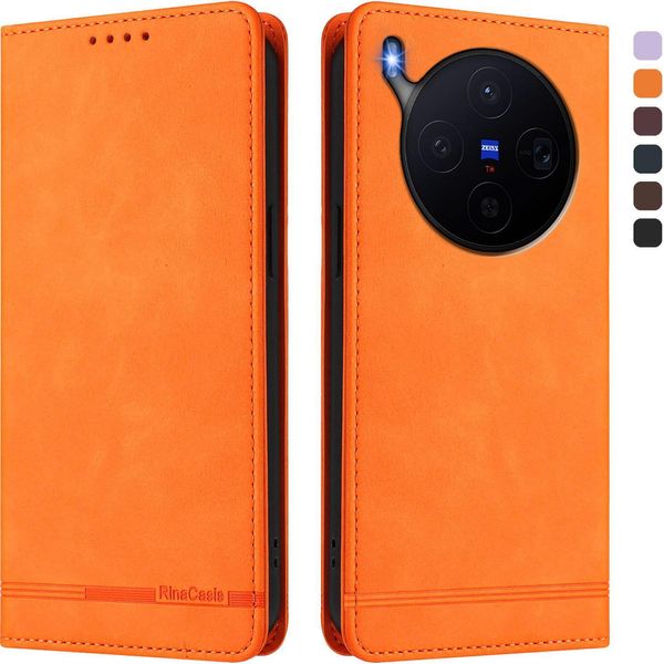 Custodia Per Vivo X300, Custodia Retro In Finto Cuoio Flip Con Supporto E Slot Per Schede Arancione-image